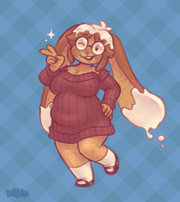 5_fingers anthro breasts brown_body clothing eyewear female fingers food footwear gesture glasses green_background hand_gesture on_one_leg one_eye_closed round_glasses shoes shortstack shortstack_female simple_background smile socks solo standing sweater topwear v_sign keffotin food_creature lagomorph leporid mammal rabbit 2020 hi_res