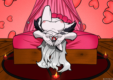 anthro areola bed breasts candle female furniture grey_hair hair heart_sign looking_at_viewer lying lying_on_bed nipples occult_symbol on_back on_bed pentagram red_sclera romantic romantic_ambiance solo symbol white_body white_eyes edozebr hellaverse helluva_boss mythology loona_(helluva_boss) canid canid_demon canine demon hellhound mammal mythological_canine mythological_creature hi_res