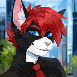 accessory anthro black_body black_clothing black_ears black_fur black_topwear blue_eyes blurred_background building cheek_tuft clothed clothing detailed_background facial_tuft fur glistening glistening_eyes hair inner_ear_fluff looking_at_viewer male necktie pink_inner_ear pink_nose plant pupils red_hair red_necktie shrub slit_pupils smile solo topwear tuft unsigned urban white_body white_fur white_inner_ear_fluff corzh77 domestic_cat felid feline felis mammal 1:1 absurd_res bust_portrait detailed hi_res icon portrait
