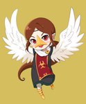 beak blush brown_hair clothing feathered_wings feathers female hair humanoid_pointy_ears light_body light_skin long_hair open_mouth open_smile pointy_ears red_eyes simple_background smile solo wings tnp nintendo the_legend_of_zelda wind_waker medli animal_humanoid avian avian_humanoid humanoid rito rito_humanoid hi_res