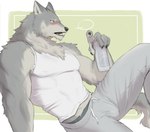 alcohol anthro beer beverage black_nose blush bodily_fluids bottomwear bulge clothed clothing fangs fur grey_body grey_fur kemono male multicolored_body multicolored_fur muscular muscular_anthro muscular_male nipples pants pecs shirt sitting solo sweat sweatdrop sweatpants tank_top teeth topwear two_tone_body two_tone_fur yongbae2372 canid canine canis mammal wolf absurd_res hi_res