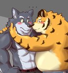 2015 anthro barazoku belly blush canid canine canis clothing duo ellipsis embrace felid hi_res hug humanoid_hands kemono kissing male male/male mammal muscular overweight overweight_male pantherine simple_background tiger underwear wdh3905 wolf