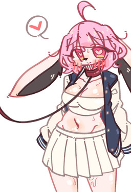 ahoge ambiguous_fluids anthro bangs blush blush_lines bodily_fluids bottomwear breasts clothed clothing collar crop_top eyelashes female hair heart_eyes heart_pupils heart_symbol leash leashed_collar long_ears looking_at_viewer navel open_clothing open_topwear pink_hair red_collar shirt simple_background skirt smile solo sweat topwear wearing_collar white_background white_bottomwear white_clothing white_crop_top white_skirt white_topwear kgs701 lagomorph leporid mammal rabbit colored digital_drawing_(artwork) digital_media_(artwork) hi_res