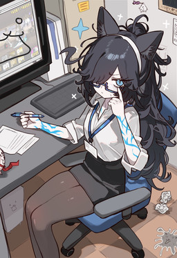 :< ambiguous_feral ambiguous_gender black_hair blue_eyes bodily_fluids breasts chair clothed clothed_female clothing computer computer_keyboard crumbled_paper dart electronics eyewear female female_focus female_humanoid feral fully_clothed fully_clothed_female furniture glasses group hair high-angle_view holding_object holding_pen inner_ear_fluff legwear long_hair looking_at_viewer markings messy_hair monitor name_tag necktie office_chair office_clothing office_lady on_chair open_mouth paper pen pose pupils rolled_up_sleeves secretary sitting sitting_on_chair slit_pupils small_breasts solo_focus stockings sweat sweatdrop tuft wearing_glasses white_body working ebora ponos_corp. the_battle_cats awakened_bahamut basic_cat can-can_cat hermit_cat_(the_battle_cats) kasli kasli_the_bane macho_crystal_cat_(the_battle_cats) maglev_cat_(the_battle_cats) manic_lion_cat_(the_battle_cats) mighty_cat_(the_battle_cats) miyamoku_musahi slime_cat tank_cat animal_humanoid felid felid_humanoid feline feline_humanoid humanoid mammal mammal_humanoid colored digital_drawing_(artwork) digital_media_(artwork) hi_res
