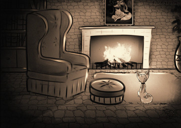 ambiguous_gender book bookshelf carpet chair feral fire fireplace fur furniture inside plant rear_view sitting solo tail rukifox ruki_(rukifox) canid canine fox mammal 2026 digital_drawing_(artwork) digital_media_(artwork)