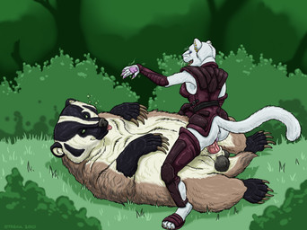 anatomically_correct animal_genitalia animal_penis anthro anthro_on_feral balls bestiality clothed clothing cowgirl_position duo ear_piercing erection female feral from_front_position genitals interspecies larger_male magic male male/female mind_control nude on_bottom on_top penis piercing sex size_difference slightly_chubby smaller_female straddling tail vulva strega american_badger badger felid mammal mustelid musteline 2010 signature