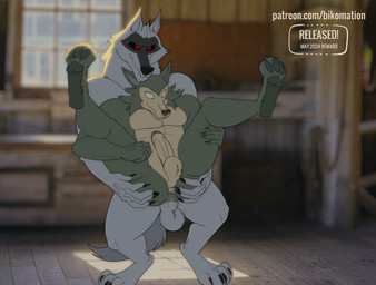 5_fingers anal anal_penetration anthro balls biped black_nose black_sclera butt butt_grab claws duo fingers fur genitals grey_body grey_fur hand_on_butt humanoid_genitalia humanoid_penis intraspecies male male/male penetration penile penile_penetration penis penis_in_ass red_eyes reverse_stand_and_carry_position sex standing standing_sex bikomation conditional_dnp beastars dreamworks puss_in_boots_(franchise) death_(puss_in_boots) legoshi_(beastars) canid canine canis mammal wolf 2d_animation animated crossover frame_by_frame short_playtime