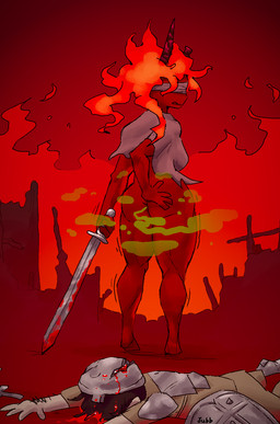 2_horns anus armor athletic athletic_female barely_visible_anus blindfold blood blood_stain bodily_fluids bottomless broken_horn brown_clothing brown_shirt brown_topwear burning_building butt clothed clothing corpse death duo fart fart_cloud female green_fart_cloud hair hand_on_butt headgear helmet holding_melee_weapon holding_object holding_sword holding_weapon horn looking_back lying male melee_weapon on_front open_mouth rear_view red_background red_body red_hair red_skin shield shirt simple_background sword text topwear weapon jubb human humanoid mammal 2024 artist_name hi_res