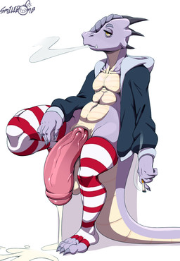 4_toes abs anthro balls big_balls big_penis bodily_fluids cigarette clothed clothing cum cum_drip cum_on_ground dripping feet foreskin genital_fluids genitals horn huge_penis humanoid_genitalia humanoid_penis hyper hyper_genitalia hyper_penis jacket legwear male open_clothing open_jacket open_topwear pattern_clothing pattern_legwear penis smoke solo striped_clothing striped_legwear stripes tail thigh_highs toes topwear lyme-slyme talash scalie hi_res