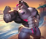 abs anthro beach biceps big_pecs bulge city city_background clothing flexing huge_pecs male muscular muscular_male nipples pecs solo sunset swimming_trunks swimwear thong underwear alvedo_vhiich mythology dragon mythological_creature mythological_scalie scalie