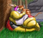 anthro breasts clothed clothing duo female grass kissing male male/female muscular obese overweight plant raining topless tree kazecat jiggly_(kazecat) kazecat_(character) domestic_cat felid feline felis lagomorph leporid mammal rabbit