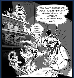 angry anthro border bow_(feature) bow_tie clothing dialogue doll duo eye_patch eyewear gesture hand_gesture hat headgear headwear hook hook_hand humor machine male open_mouth plushie pointing teeth text ticket transparent_border herny five_nights_at_freddy's scottgames bonnie_(fnaf) chica_(fnaf) foxy_(fnaf) freddy_(fnaf) animatronic avian bird lagomorph leporid mammal rabbit robot alpha_channel english_text greyscale monochrome