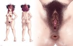 anal_hair anus areola big_areola big_pubes blush bodily_fluids breasts brown_anus brown_areola brown_pussy colored_nails embarrassed feet female fingernails forced forced_exposure genital_fluids genitals hairy_pussy heart_hair horn horn_jewelry jewelry long_labia long_pubes loose_pussy nails nipple_piercing nipples not_furry piercing pink_nails pink_toenails pubes pussy removed_clothing solo toenails toes urethra vaginal_fluids injector_(artist) karynn_(notkarynn) demon humanoid absurd_res hi_res huge_filesize model_sheet