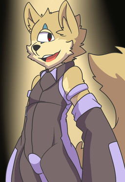 1_eye abstract_background anthro biped black_nose brown_body brown_fur cheek_tuft clothed clothing facial_tuft fully_clothed fur half-closed_eyes head_tuft inner_ear_fluff looking_at_viewer male multicolored_body multicolored_fur narrowed_eyes open_mouth open_smile red_eyes simple_background smile solo standing tan_body tan_fur teeth tight_clothing tuft two_tone_body two_tone_fur saku1saya canid canine canis cyclops domestic_dog mammal 2015 absurd_res hi_res