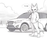 anthro barefoot bottomwear cigarette clothing cloud feet jacket male motor_vehicle no_shoes pants paws serious serious_face simple_background smoke smoking smoking_cigarette solo standing suv text toes topwear vehicle dali_(pixiv) fan_character black_and_white korean_text monochrome translated