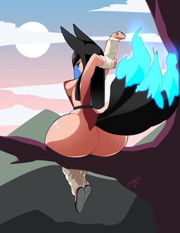 arm_warmers armwear belt big_butt black_body black_fur black_hair black_sclera blue_eyes blue_fire blue_hair blue_highlights bottom_heavy bottomless bottomless_female bottomless_humanoid breasts butt butt_focus clothed clothing colored_fire female fire flaming_tail footwear fox_ears fox_tail fur hair hand_behind_head hand_behind_own_head highlights_(coloring) hime_cut huge_butt leg_warmers legwear looking_at_viewer looking_back medium_breasts multi_tail multicolored_hair nature nature_background no_bra no_underwear outside plant rear_view sash shoes side_boob sitting sitting_on_branch skimpy smile solo stretching tabard tail text tree two_tone_hair wide_hips zedrin honoka_(zedrin) animal_humanoid canid canid_humanoid canine canine_humanoid fox_humanoid humanoid mammal mammal_humanoid 2025 absurd_res english_text hi_res signature