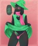 2022 5_fingers anthro aroused balls_in_underwear black_body black_fur blush bovid caprine clothed clothing clothing_lift conditional_dnp crossdressing dark_body deltarune dialogue digital_media_(artwork) dress dress_lift english_text erection eyewear femboy fingers floppy_ears fur genitals glasses goat green_clothing green_hat green_headwear green_penis hair hat headgear headwear hi_res horn humanoid_genitalia humanoid_penis lingerie long_ears looking_at_viewer maiteik male mammal panties panties_bulge partially_clothed penis pink_clothing pink_eyes pink_panties pink_underwear pinup pose presenting presenting_panties presenting_penis ralsei realistic_penis_size scarf seductive smile smiling_at_viewer solo speech_bubble standing text thong topwear tuft undertale_(series) underwear watermark witch_hat