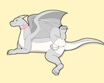 5:4 absurd_res anus balls butt chastity_cage chastity_device collar dragon feral genitals hi_res horn lying male mythological_creature mythological_scalie mythology on_side onesaucydragon paws presenting raised_leg saulamander scalie simple_background solo tail wings