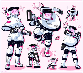 female grin gun holding_gun holding_object holding_ranged_weapon holding_weapon machine multiple_poses not_furry pink_background pose ranged_weapon screen screen_face simple_background smile solo weapon baronflint avalon_(baronflint) humanoid robot robot_humanoid hi_res