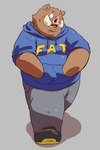 2015 anthro blush bottomwear brown_body clothing fat_hoodie hoodie kemono male mammal meme meme_clothing overweight overweight_male pants simple_background solo suid suina sus_(pig) text text_on_clothing text_on_hoodie text_on_topwear topwear wdh3905 wild_boar
