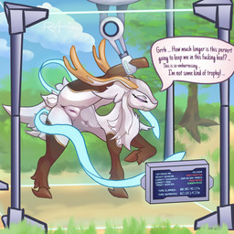 angry antlers anus bound box brown_body brown_fur container detailed_background dialogue ellipsis embarrassed female feral flexible forced forced_exposure forced_pose fur genitals hooves horn humiliation imprisoned profanity punishment ribbons_(anatomy) robotic_arm solo stuck text timer vulva white_body white_fur razlemon palworld pocketpair celesdir_(pal) deer mammal pal_(species) 1:1 2025 digital_media_(artwork) english_text hi_res