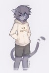 ambiguous_gender anthro blep blue_eyes bottomwear closed_smile clothed clothed_anthro clothing eye_through_hair eyebrow_through_hair eyebrows fur grey_body grey_fur grey_hair hair hand_in_pocket hoodie looking_at_viewer mouth_closed no_homo one_eye_closed pockets shorts simple_background smile solo text text_on_clothing text_on_hoodie text_on_topwear tongue tongue_out topwear translucent translucent_hair white_background white_clothing white_hoodie white_topwear wink winking_at_viewer notglacier silvermist_(notglacier) domestic_cat felid feline felis mammal 2017 absurd_res artist_name digital_drawing_(artwork) digital_media_(artwork) english_description english_text hi_res portrait three-quarter_portrait male_(lore)