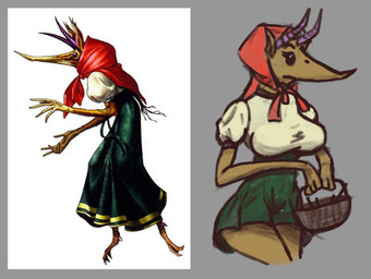 bare_thighs basket beak bottomwear breasts clothing container empty_eyes female headscarf horn pointy_ears simple_background skirt solo wicker_basket adamwhite european_mythology mythology russian_mythology slavic_mythology avian humanoid kikimora mythological_creature 2023 shaded simple_shading