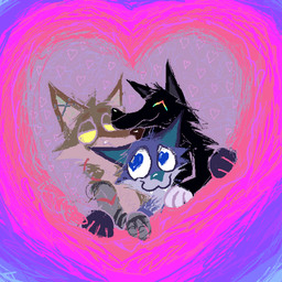 :3 ambiguous_gender anthro black_body black_fur blue_body blue_fur brown_body brown_fur eyes_closed fangs fur group heart_symbol love male robotic_arm teeth trio demensa emil_(demensa) canid canine canis coyote domestic_dog mammal 1:1 2024 digital_media_(artwork) hi_res