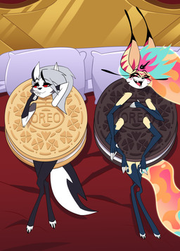 4_arms anthro cartoon_freckles clothing cookie cookie_costume costume duo eyelashes female food food_costume freckled_face freckles long_eyelashes multi_arm multi_limb on_model oreo_costume slim slim_anthro slim_female deadinside97 hellaverse helluva_boss mythology oreo_cookie loona_(helluva_boss) queen_bee-lzebub_(helluva_boss) canid canid_demon canine demon fox_spirit hellhound mammal mythological_canine mythological_creature absurd_res hi_res