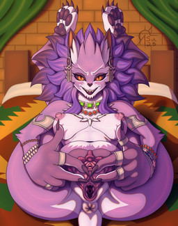 4_toes anthro bed bedroom_eyes black_sclera bracelet breasts butt cervix claws clitoris ear_piercing ear_ring fangs feet female flexible folded fur furniture gaping gaping_vagina genitals jewelry legs_behind_head legs_up looking_at_viewer montgomery_glands narrowed_eyes navel necklace nipples nude open_mouth open_smile orange_eyes pawpads paws piercing pose presenting presenting_hindquarters presenting_vulva pupils purple_body purple_fur ring_piercing seductive slit_pupils smile solo spread_legs spread_vulva spreading teeth text toe_claws toes urethra vulva white_body white_fur sacrificabominat mana_(series) square_enix trials_of_mana belladonna_(trials_of_mana) felid lion mammal pantherine 2025 artist_name colored detailed digital_drawing_(artwork) digital_media_(artwork) hi_res signature
