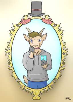 after_transformation anthro blue_eyes brown_hair cellphone clothing cloven_hooves electronics first_person_view goat_tail hair hooves looking_at_reflection male mirror phone selfie shocked snout_grab solo species_transformation sweater topwear transformation transformation_pov worried yafath werenimal calvin_(werenimal) bovid caprine goat mammal