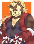 anthro asian_clothing belly big_belly brown_body brown_fur clothed clothing east_asian_clothing fur humanoid_hands japanese_clothing kemono male one_eye_closed overweight overweight_male simple_background solo wink bone_color919 lifewonders tokyo_afterschool_summoners goemon_(tas) canid canine mammal raccoon_dog tanuki 2023 hi_res