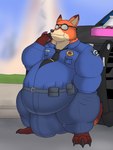 anthro bulge car clothing dessert detailed_bulge doughnut eating eating_food electronics food genital_outline male morbidly_obese obese overweight overweight_male pastry penis_outline police police_car police_uniform police_vehicle solo uniform vehicle walkie-talkie wearing_sunglasses alythewolfcat disney zootopia nick_wilde canid canine fox mammal hi_res