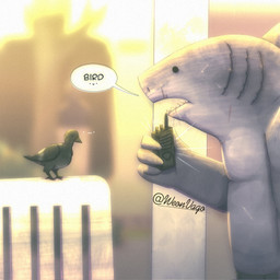 anthro blurred_background bottomwear clothed clothing duo electronics feral fin fingers grey_body grey_skin holding_object male male_anthro pants radio scar sharp_teeth speech_bubble standing teeth text topless topless_anthro topless_male walkie-talkie weonvago dc_comics suicide_squad king_shark avian bird fish humanoid marine shark 1:1 hi_res unavailable_at_source