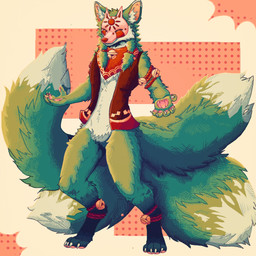 4_tails anthro bell claws clothing dipstick_ears dipstick_tail ear_markings eyes_closed fur gold_accessory green_body green_fur kerchief larger_male male markings mask multi_tail multicolored_ears paint painted_mask pawpads pink_pawpads red_clothing red_paint red_sun red_topwear red_vest simple_background size_difference solo tail tail_markings topwear vest warm_lighting white_ear_tips white_tail_tip aziel14041985 ri_hu_(aziel14041985) canid canine fox mammal 1:1 colored hi_res shaded warm_colors