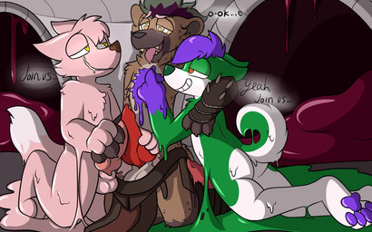 animal_genitalia animal_penis anthro arm_around_shoulders assimilation balls big_penis brown_body brown_fur canine_genitalia canine_penis clothed clothing command corruption dialogue dungeon erection frottage fur genitals green_body green_fur group group_sex hair hand_on_chest hand_on_penis heart_eyes heart_symbol kneeling knot male male/male mind_control multicolored_body multicolored_fur nude orange_eyes pawpads penile penis penises_touching pink_body pink_fur pink_penis purple_hair purple_pawpads raised_tail red_penis sex slime smile tail text threesome tongue tongue_out topless trio white_body white_fur yellow_eyes crisstail canid canine canis domestic_dog fox goo_creature husky hyena mammal nordic_sled_dog spitz 16:10 english_text widescreen