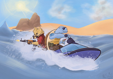 ak-47 ak_platform anthro assault_rifle beach cloud duo eyewear gun jetski lens_flare male male/male mountain ranged_weapon rifle sea seaside sun sunglasses water weapon mackmcstacks canid canine fox humanoid mammal reptile scalie turtle hi_res
