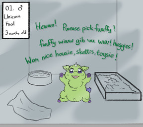 1_horn against_surface animal_genitalia baby_talk balls bowl container dialogue feral fur genitals green_body green_ears green_fur happy hooves horn litter_box looking_at_viewer male male_feral neonate on_glass on_hind_legs open_mouth open_smile paper pet_bowl pet_food purple_eyes purple_hooves purple_tail sheath smile solo tail talking_to_viewer teeth text white_horn young young_feral young_male yellowcottoncandy030 fluffy_pony fluffy_pony_(species) mammal 2025 digital_media_(artwork) english_text hi_res partially_colored