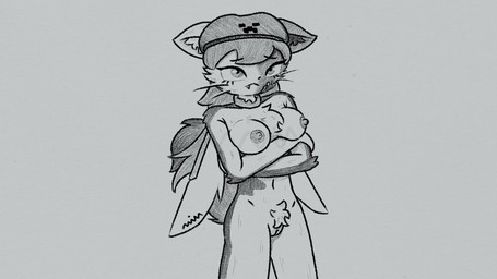 accessory anthro breasts collar creeper_face dark_hair facial_scar fangs female floppy_ears genitals hair hair_accessory hair_tie holding_breast inner_ear_fluff long_hair nipples nude pubes sad scar simple_background solo teeth tuft vulva whiskers wings not_anim unnamed_character felid feline mammal digital_media_(artwork) monochrome portrait sketch three-quarter_portrait