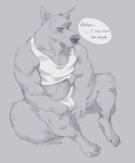 4_toes abs anthro arm_tuft bulge claws clothing contemplating crop_top dialogue elbow_tuft eyebrows feet fluffy fluffy_tail frown frown_eyebrows grey_background half-closed_eyes hands_in_lap head_tuft jockstrap knee_tuft leg_tuft male muscular muscular_anthro muscular_arms muscular_male narrowed_eyes shirt shoulder_tuft simple_background sitting solo speech_bubble tail tank_top thick_eyebrows thick_neck toes topwear tuft underwear white_clothing white_crop_top white_jockstrap white_topwear white_underwear e-w01f canid canine canis mammal wolf 2022 5:6 digital_drawing_(artwork) digital_media_(artwork) full-length_portrait hi_res monochrome portrait signature