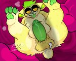 ahegao anthro belly_overhang bodily_fluids cum cum_in_ass cum_inside eyewear eyewear_on_head feet fur genital_fluids genitals glasses glasses_on_head green_body green_penis hindpaw looking_pleasured male nipples nub_tail pawpads paws penis penis_shadow shadow_on_face slightly_chubby slightly_chubby_male solo yellow_body yellow_fur dietydiet vector_the_bostonterrier boston_terrier canid canine canis domestic_dog hunting_dog mammal molosser small_molosser terrier toy_dog absurd_res digital_media_(artwork) hi_res