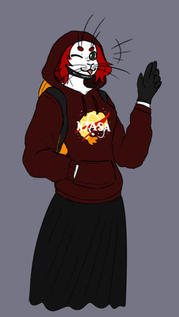 anthro bottomwear clothed clothing female gesture hair looking_at_viewer mask one_eye_closed red_hair skirt smile solo waving waving_at_viewer whiskers wink kawattame voices_of_the_void alien ariral felid feline mammal digital_media_(artwork) hi_res
