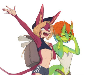 5_fingers anthro arms_bent athletic_wear backpack bodysuit bottomwear bra breasts clothed clothed_anthro clothed_female clothing countershade_face countershade_hands countershade_legs countershade_neck countershade_torso countershading dipstick_horn duo extended_arm eyebrow_through_hair eyebrows eyes_closed eyewear female fingers gesture glasses green_body green_eyes gym_bottomwear gym_shorts hair horn inner_ear_fluff looking_down multicolored_body multicolored_horn non-mammal_breasts open_mouth orange_hair red_body round_glasses shorts simple_background skinsuit smile sports_bra tail tan_body tight_clothing translucent translucent_hair tuft two_tone_body underwear waving white_background shermugi drunga_(shermugi) sneiky_(shermugi) reptile scalie snake 2019 sketch