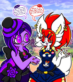 5_fingers anthro breasts clothing dress duo ear_piercing female fingers hair hat headgear headwear overalls piercing purple_body purple_eyes purple_hair red_eyes red_hair ring text white_body lewdchuu nintendo pokemon lavender_(lewdchuu) phoenix_fyra_(lewdchuu) arbok cinderace generation_1_pokemon generation_8_pokemon pokemon_(species) scorbunny english_text hi_res