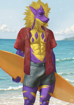 aloha_shirt anthro beach bottomwear clothed clothing looking_aside male muscular open_clothing outside pattern_clothing pattern_shirt pattern_topwear purple_body sand scales sea shirt shorts smile solo standing summer sun surfboard topwear water wet wet_body yellow_body levsha mythology nintendo pokemon amped_toxtricity dragon generation_8_pokemon mythological_creature mythological_scalie pokemon_(species) scalie toxtricity