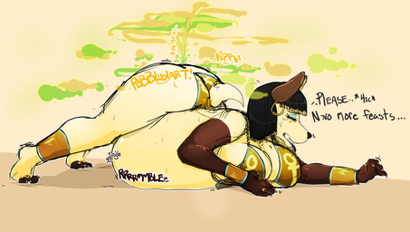 4_fingers 4_toes anklet anthro armwear belly big_belly black_hair bloated bra bracelet brown_body claws clothing digit_ring ear_piercing ear_ring elbow_gloves eyelashes eyes_closed eyeshadow fangs fart fart_cloud fart_fetish feet female female_anthro finger_ring fingers furgonomic_underwear furgonomics gloves green_fart_cloud hair handwear jewelry lying makeup multicolored_fart_cloud on_front panties pharaoh piercing ring_piercing royalty rumbling_stomach scut_tail short_tail small_fangs stuffing tail teeth toes underwear yellow_body gassyjackal herro canid canine canis jackal mammal 2018
