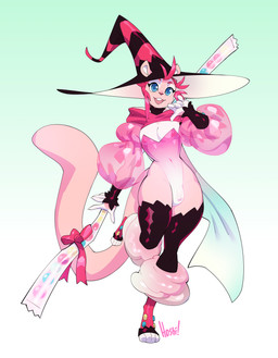 anthro blue_eyes bulge cape clothing detailed_bulge fingernails fur gradient_background green_background gynomorph hair hat headgear headwear hoodie intersex legwear nails nipples_visible_through_clothing one_leg_up open_mouth pink_body pink_fur pink_hair raised_leg ribbons sharp_fingernails sharp_nails simple_background smile solo staff tail thigh_highs toeless_legwear topwear white_background witch_hat nedoiko mammal full-length_portrait hi_res portrait