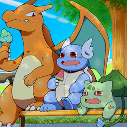 ambiguous_gender bench biped blue_body blush bodily_fluids claws cute_fangs dessert detailed_background fangs feral food fruit grass green_body group half-closed_eyes holding_food holding_object ice_cream ice_cream_cone melon narrowed_eyes on_bench open_mouth orange_body outside plant quadruped red_eyes shell sitting size_difference sky sweat teeth tree trio watermelon wings tatu_wani nintendo pokemon bulbasaur charizard generation_1_pokemon pokemon_(species) wartortle 1:1 2022 digital_media_(artwork) hi_res