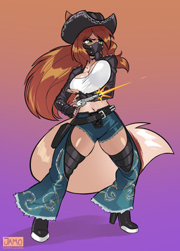 anthro belt big_breasts boots bottomwear breast_squish breasts brown_body brown_fur brown_hair choker clothing cowboy_hat denim denim_bottomwear denim_clothing eyebrows eyelashes female fingerless_gloves footwear fur glistening gloves green_eyes gun hair handgun handwear hat headgear headwear high_heeled_boots high_heels jacket jeans jewelry legwear long_hair mask midriff necklace pants ranged_weapon revolver shoes shooting solo squish tail thigh_boots thigh_highs topwear weapon jamoart heartdot_(vittorialockheart) felid feline felis mammal 2025 absurd_res hi_res