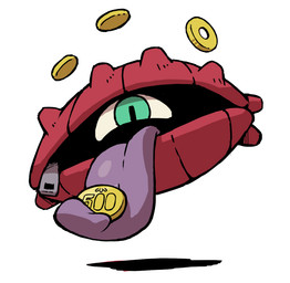 1_eye ambiguous_gender coin green_eyes looking_at_viewer purple_tongue simple_background solo tongue tongue_out white_background unknown_artist level-5 yo-kai_watch almi_(yo-kai_watch) full-length_portrait official_art portrait